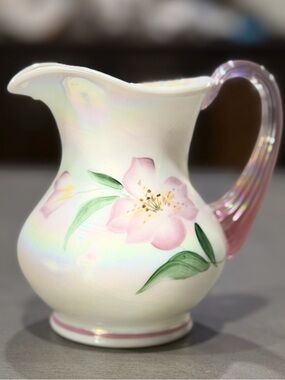 Fenton Iridescent Glass Pitcher Floral Pink Chiffon Ribbed Handle Lynn Fenton